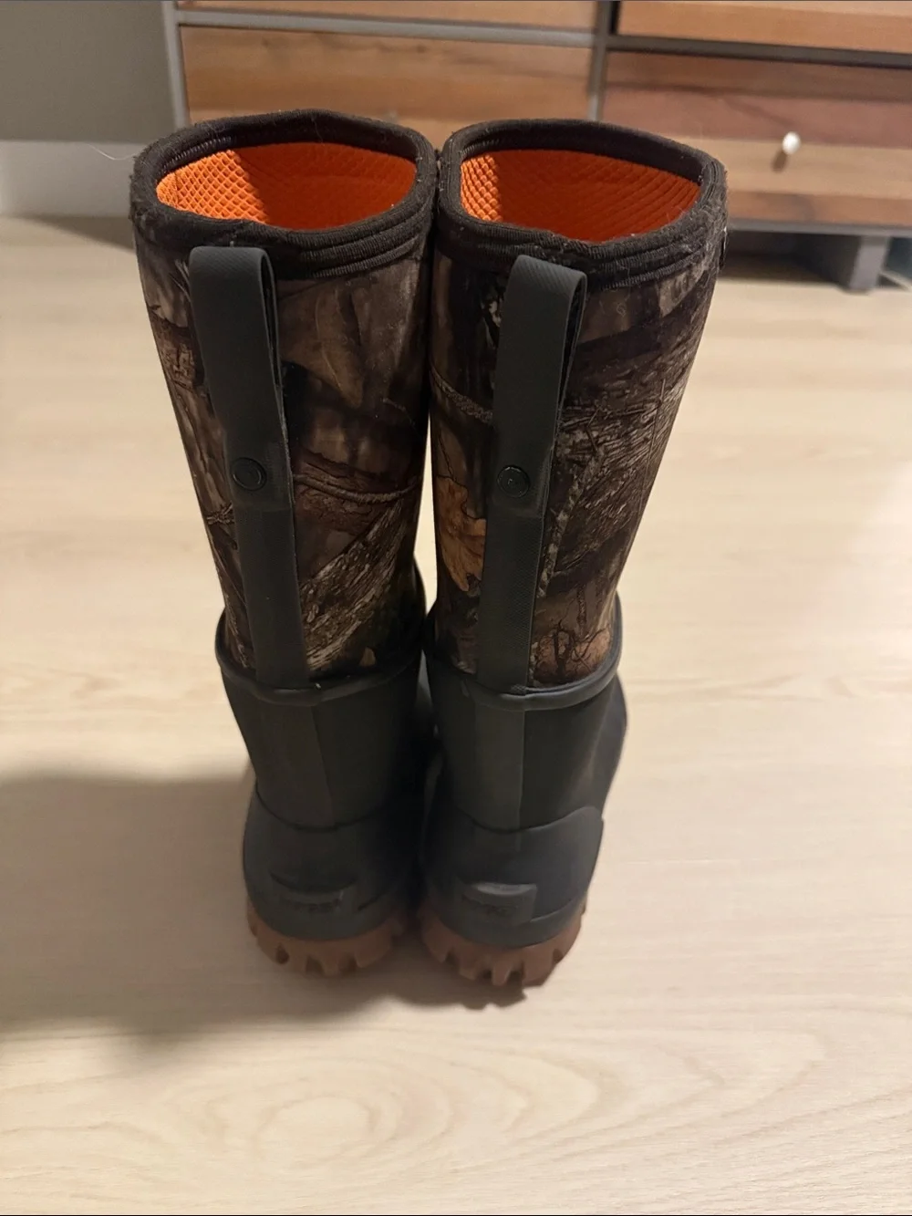 Bogs Men’s Black Rubber & Camo Pull-On Rain Boots with Orange Lining